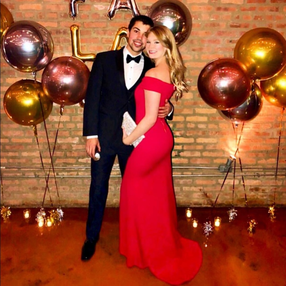 Red off the shoulder dress!